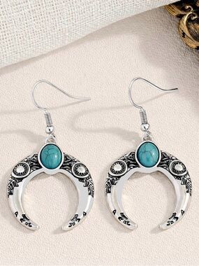 “Turquoise Horn” Tribal Ethnic Aztec Mayan Native American Sun Crescent Earrings